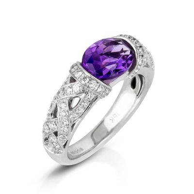 Lumbers 18ct White Gold Amethyst & Pave Diamond Ring