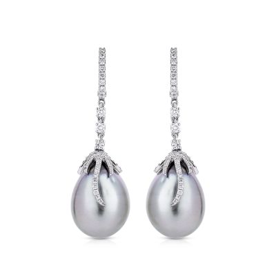 Lumbers 18ct white gold Tahitian Pearl & Diamond earrings