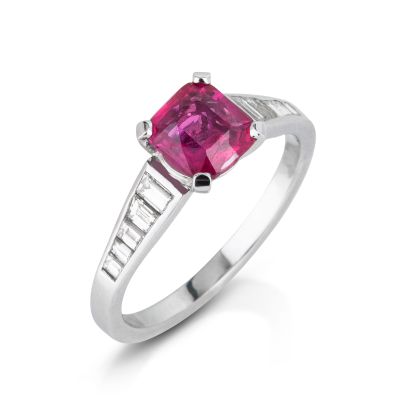Lumbers 18ct Gold Cushion Cut Ruby & Diamond Ring