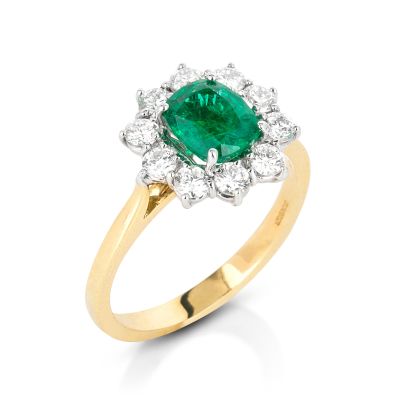 Lumbers 18ct Gold Cushion Emerald & Diamond Cluster Ring