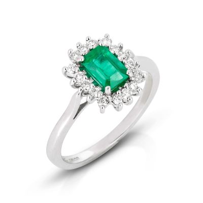 Lumbers 18ct white gold emerald & diamond cluster ring