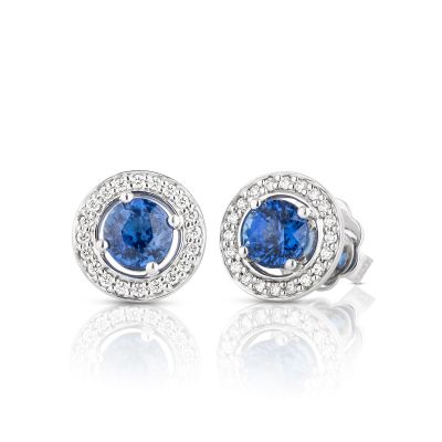 Lumbers 18ct Gold Round Sapphire & Diamond Halo Studs