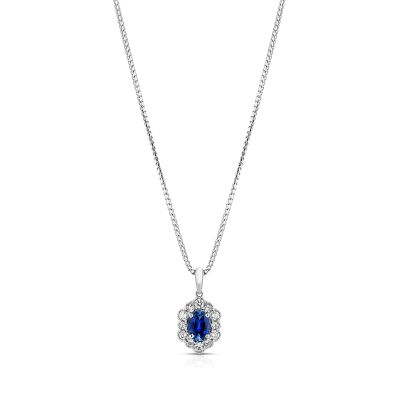 Lumbers 18ct Gold Oval Sapphire & Diamond Cluster Pendant