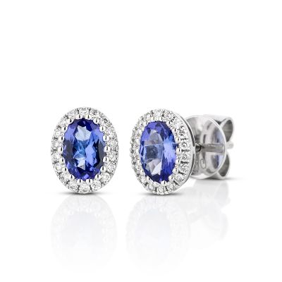  18ct Gold Oval Tanzanite & Diamond Cluster Studs