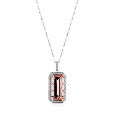 Lumbers 18ct Gold Emerald Cut Morganite & Diamond Necklace