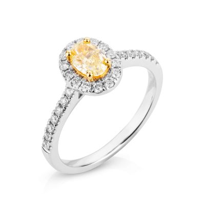 Lumbers 18ct Gold 0.59ct Oval Yellow Diamond & Halo Ring