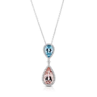 Lumbers 18ct Gold Pear Aquamarine & Morganite Necklace