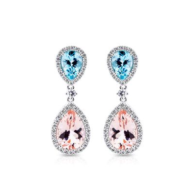 Lumbers 18ct Gold Morganite, Aquamarine & Diamond Earrings
