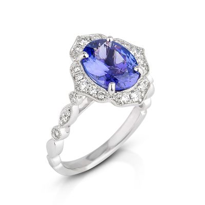 Lumbers 18ct Gold Oval Tanzanite & Diamond Flower Ring