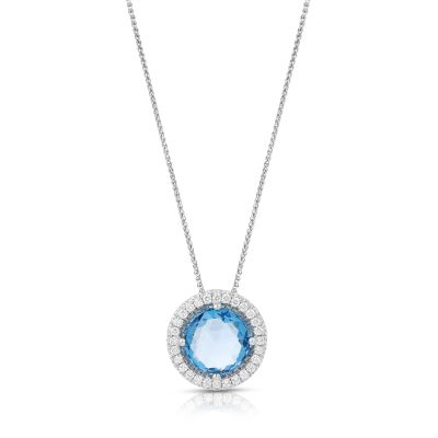 Lumbers Platinum Round Blue Topaz & Double Diamond Halo