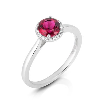 Lumbers Platinum Round Rubellite & Diamond Halo Ring