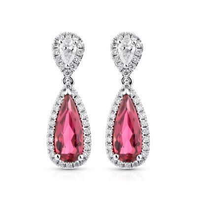 Lumbers 18ct Gold Pear Rubelite & Diamond Drop Earrings
