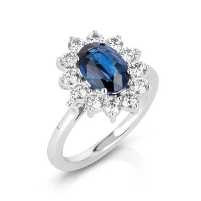 Lumbers 18ct Gold Oval Sapphire & Diamond Cluster Ring