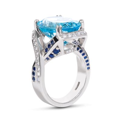 Lumbers Platinum Oval Aquamarine, Diamond & Sapphire Ring