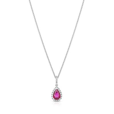 Lumbers 18ct Gold Pear Ruby & Diamond Halo Necklace