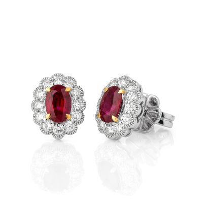 Lumbers 18ct Gold Oval Ruby & Diamond Rub Set Studs