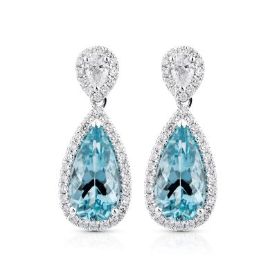 Lumbers 18ct Gold Pear Cut Aquamarine & Diamond Drops