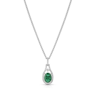 Lumbers 18ct Gold Oval Emerald & Diamond Cluster Pendant
