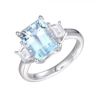 Lumbers Platinum Emerald Cut Aquamarine & Diamond Ring