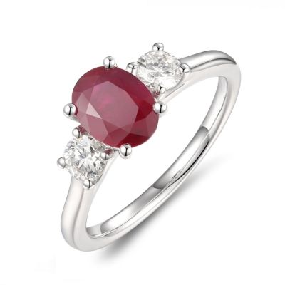 Lumbers Platinum Oval Ruby & Diamond 3 Stone Ring