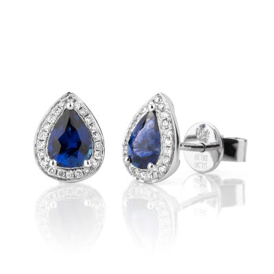 Lumbers 18ct Gold Pear Sapphire & Diamond Halo Studs