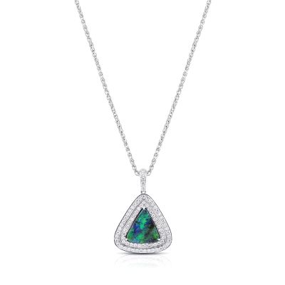 Lumbers 18ct Gold Black Opal & Double Halo Necklace