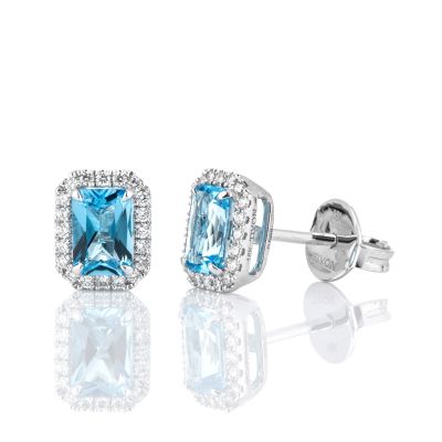 Lumbers 18ct Gold Blue Topaz & Diamond Halo Studs