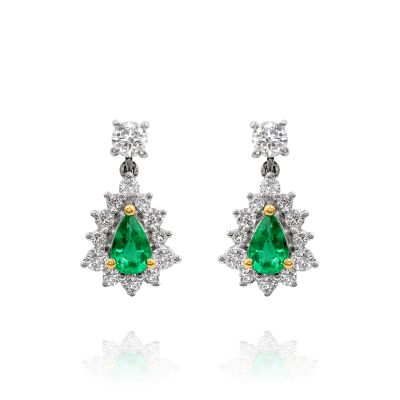  18ct Gold Emerald & Diamond Drop CLuster Earrings