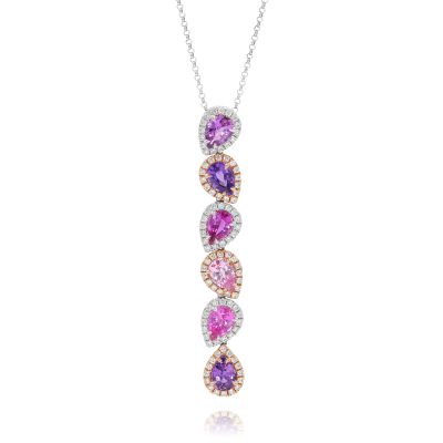 Lumbers 18ct Gold Pear Sapphire & Diamond Halo Necklace