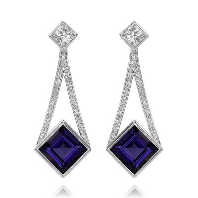 Lumbers 18ct Gold Iolite & Diamond Split Bar Drop Earrings