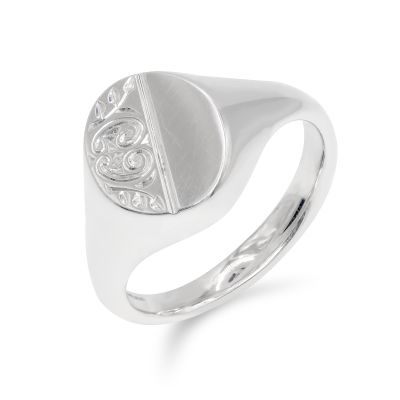 Lumbers 9ct White Gold Oval Half Engraved Signet Ring