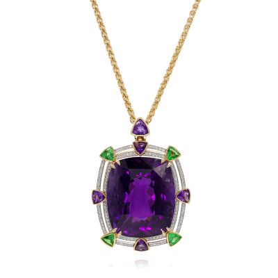 Lumbers 18ct Gold 87.78cts Amethyst Double Halo Pendant