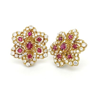 Lumbers Pre-Owned 18ct Gold Ruby & Diamond Flower Earrings