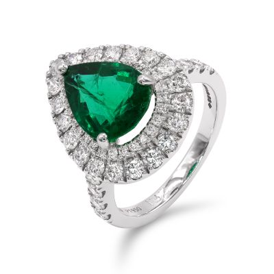 Lumbers Platinum 2.47ct pear Emerald & Double Halo Ring
