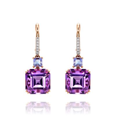 Lumbers 18ct Gold Square Amethyst & Tanzanite Earrings