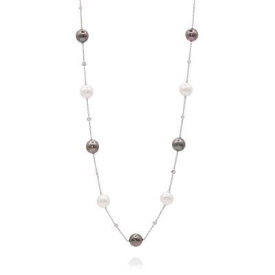 Lumbers 18ct Gold Black & White Pearl & Diamond Necklace