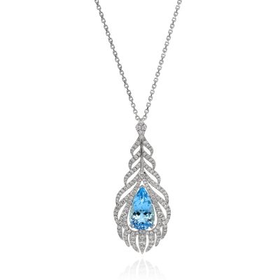 Lumbers 18ct Gold Aquamarine Pave Feather Necklace
