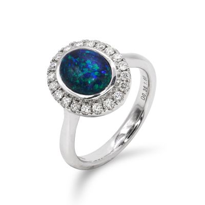 Lumbers 18ct Gold 1.88ct Black Opal & Diamond Halo Ring