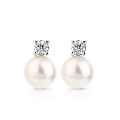 Lumbers 18ct Gold 9.5mm Pearl & Diamond Stud Earrings
