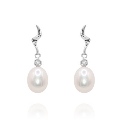 Lumbers 9ct Gold Pearl & Diamond Wave Drop Earrings