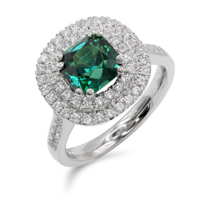 Lumbers Platinum Teal Sapphire & Diamond Halo Ring