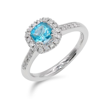 Lumbers Platinum 0.87ct Blue Topaz & Diamond Halo Ring