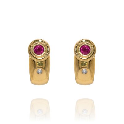  18ct Gold Ruby & Diamond Set Half Hoop Studs